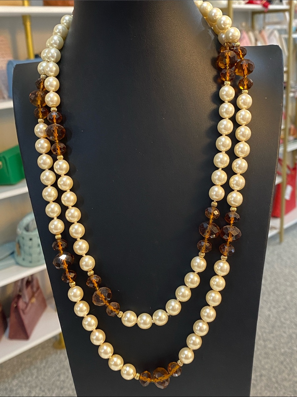 Joan rivers faux Pearl and Amber Bead Necklace - Cream and Brown